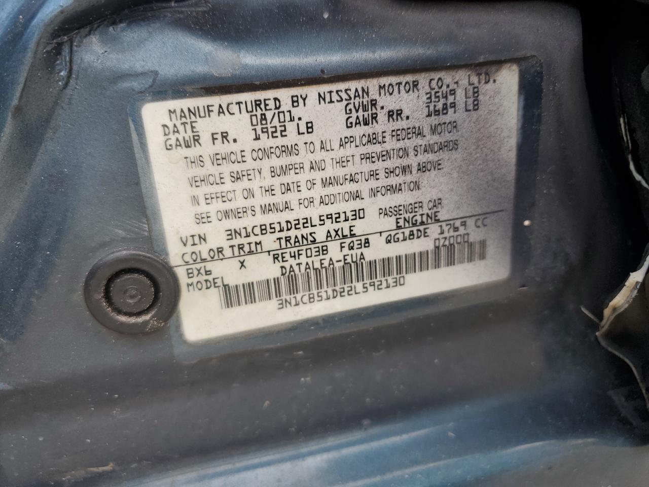 2002 Nissan Sentra Xe VIN: 3N1CB51D22L592130 Lot: 73585834