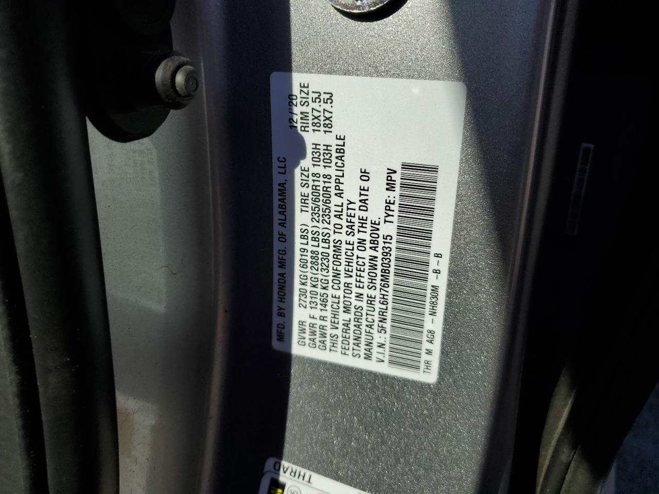 5FNRL6H76MB039315 2021 Honda Odyssey Exl