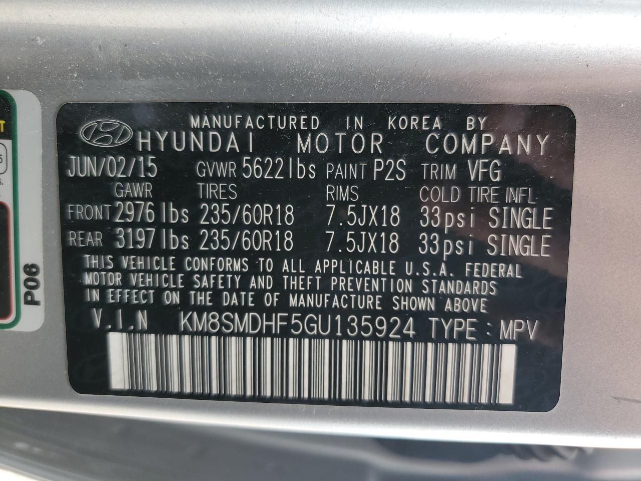 KM8SMDHF5GU135924 2016 Hyundai Santa Fe Se