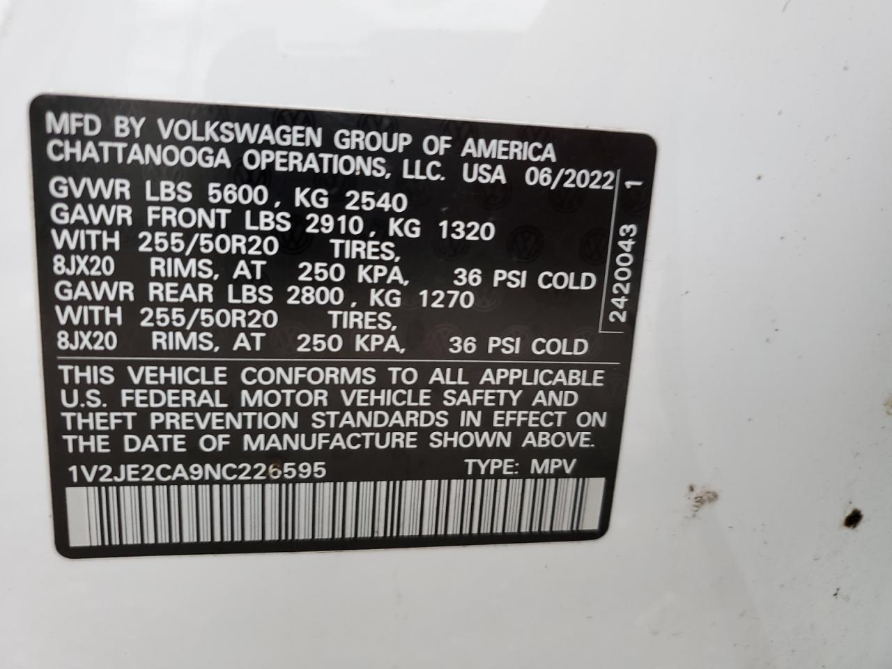 1V2JE2CA9NC226595 2022 VOLKSWAGEN ATLAS - Image 13