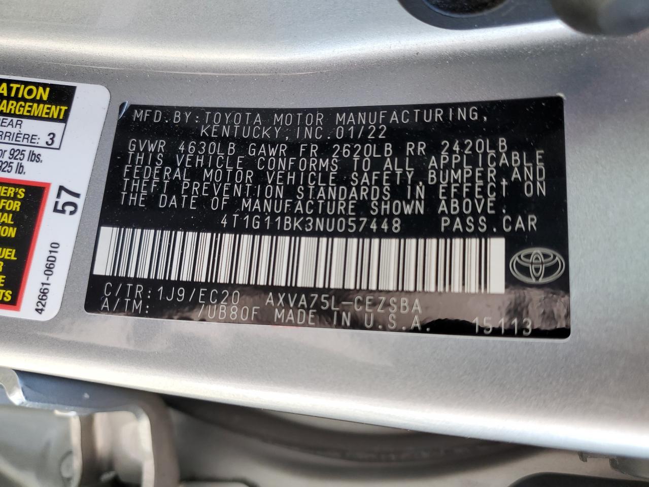 4T1G11BK3NU057448 2022 Toyota Camry Se