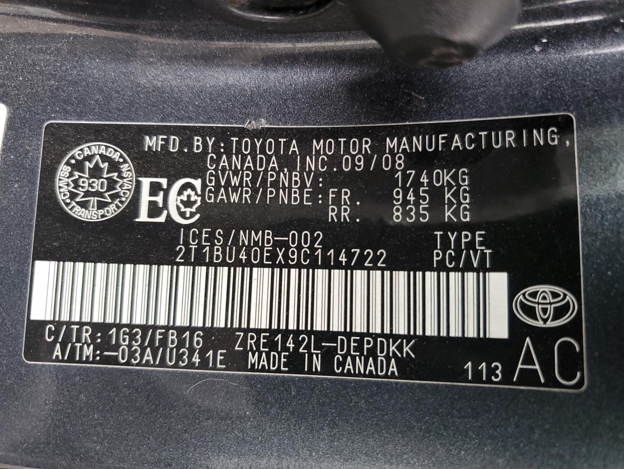 2T1BU40EX9C114722 2009 Toyota Corolla Base