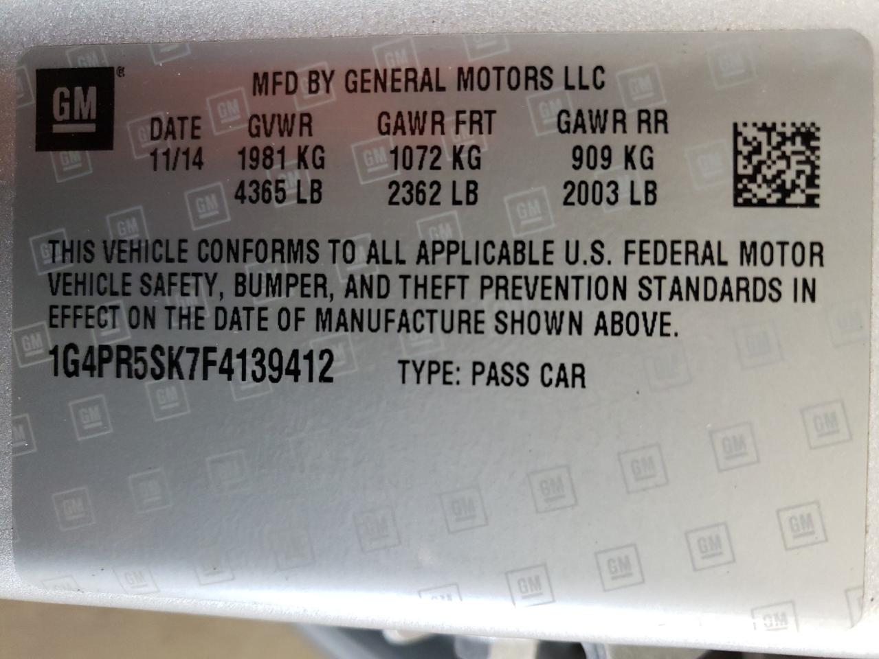 1G4PR5SK7F4139412 2015 Buick Verano Convenience