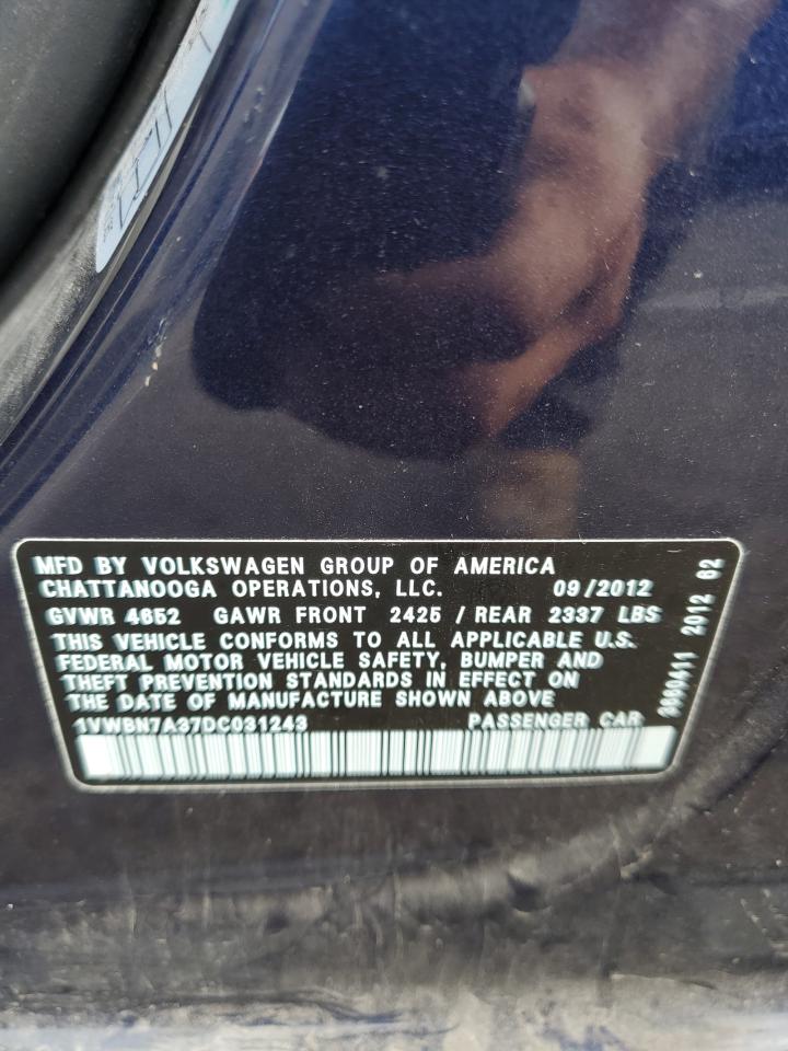 2013 Volkswagen Passat Se VIN: 1VWBN7A37DC031243 Lot: 71049904