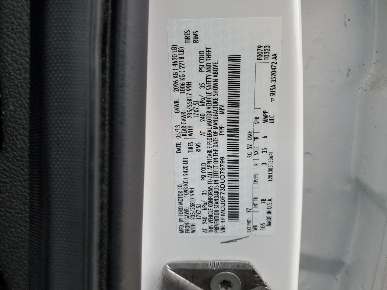 1FMCU0F73DUD79799 2013 Ford Escape S