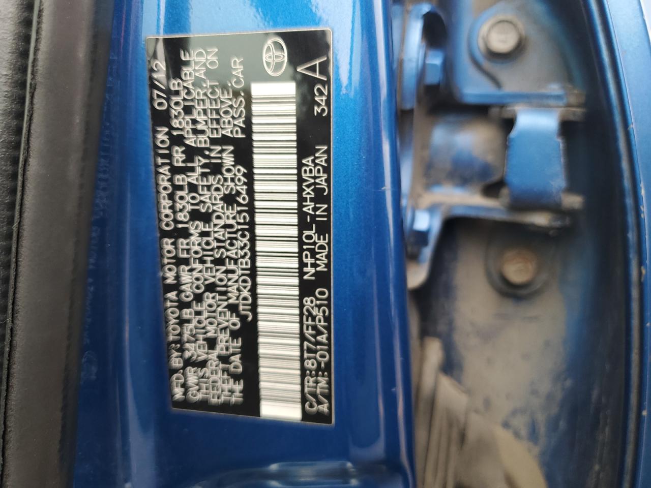 JTDKDTB33C1516499 2012 Toyota Prius C
