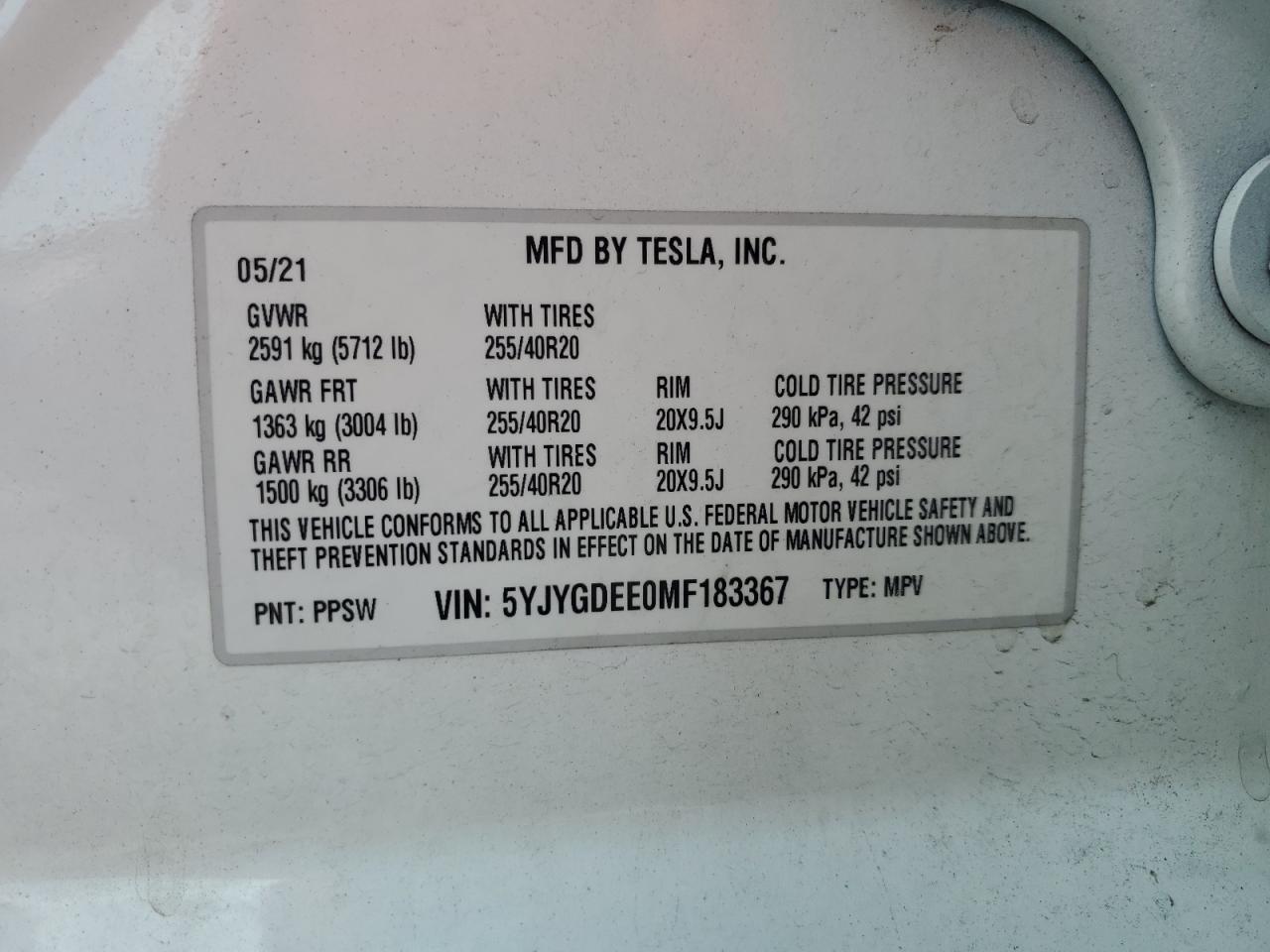 5YJYGDEE0MF183367 2021 Tesla Model Y