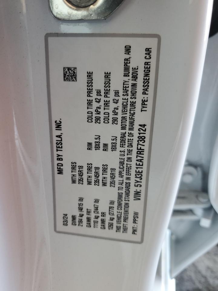 5YJ3E1EA7RF738124 2024 Tesla Model 3