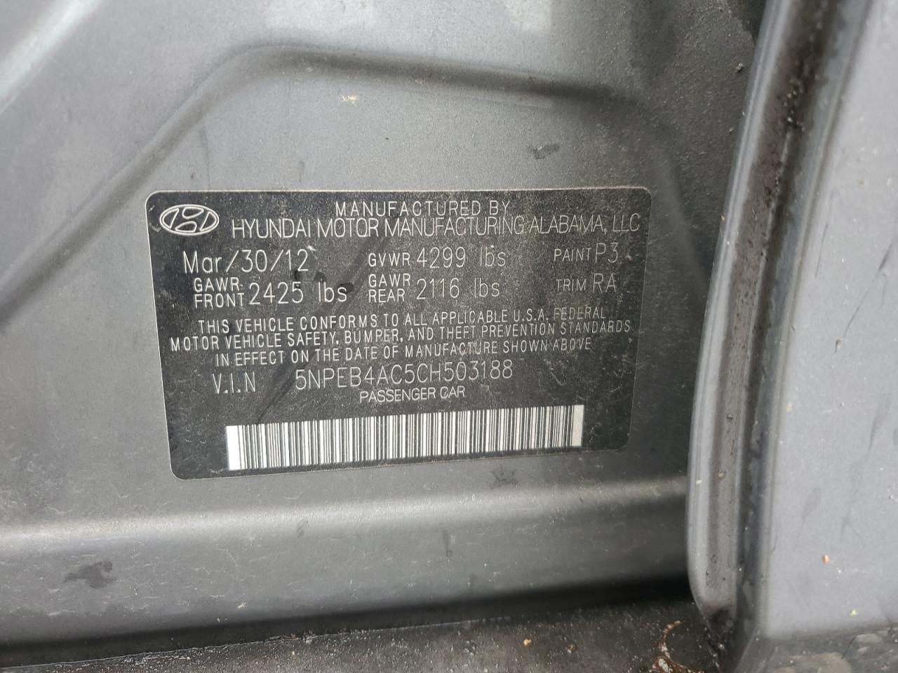 5NPEB4AC5CH503188 2012 Hyundai Sonata Gls