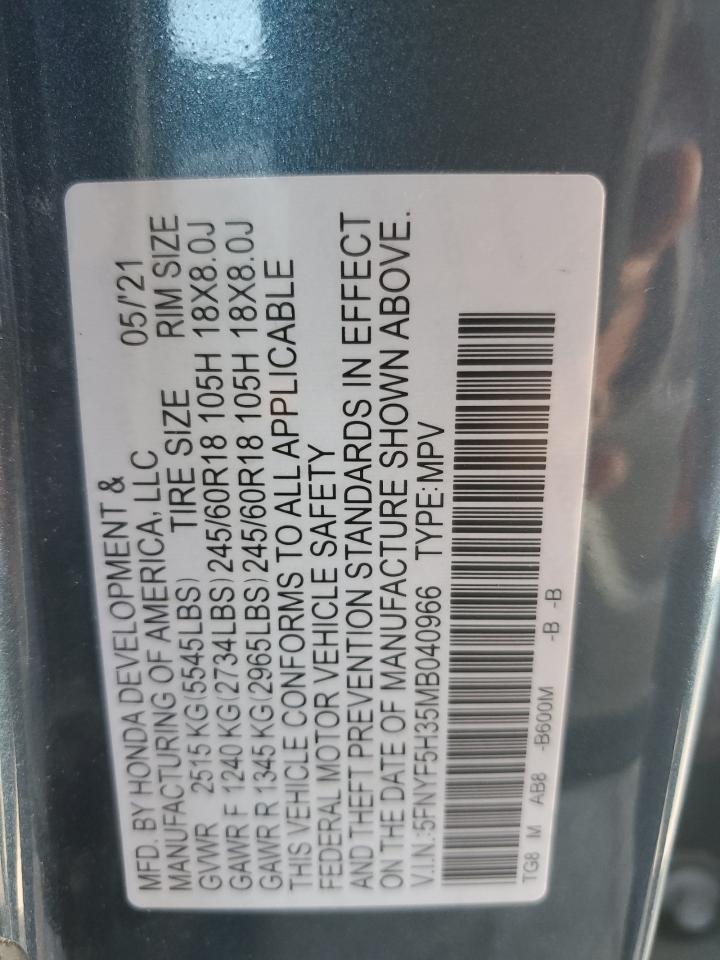 2021 Honda Pilot Ex VIN: 5FNYF5H35MB040966 Lot: 72820514