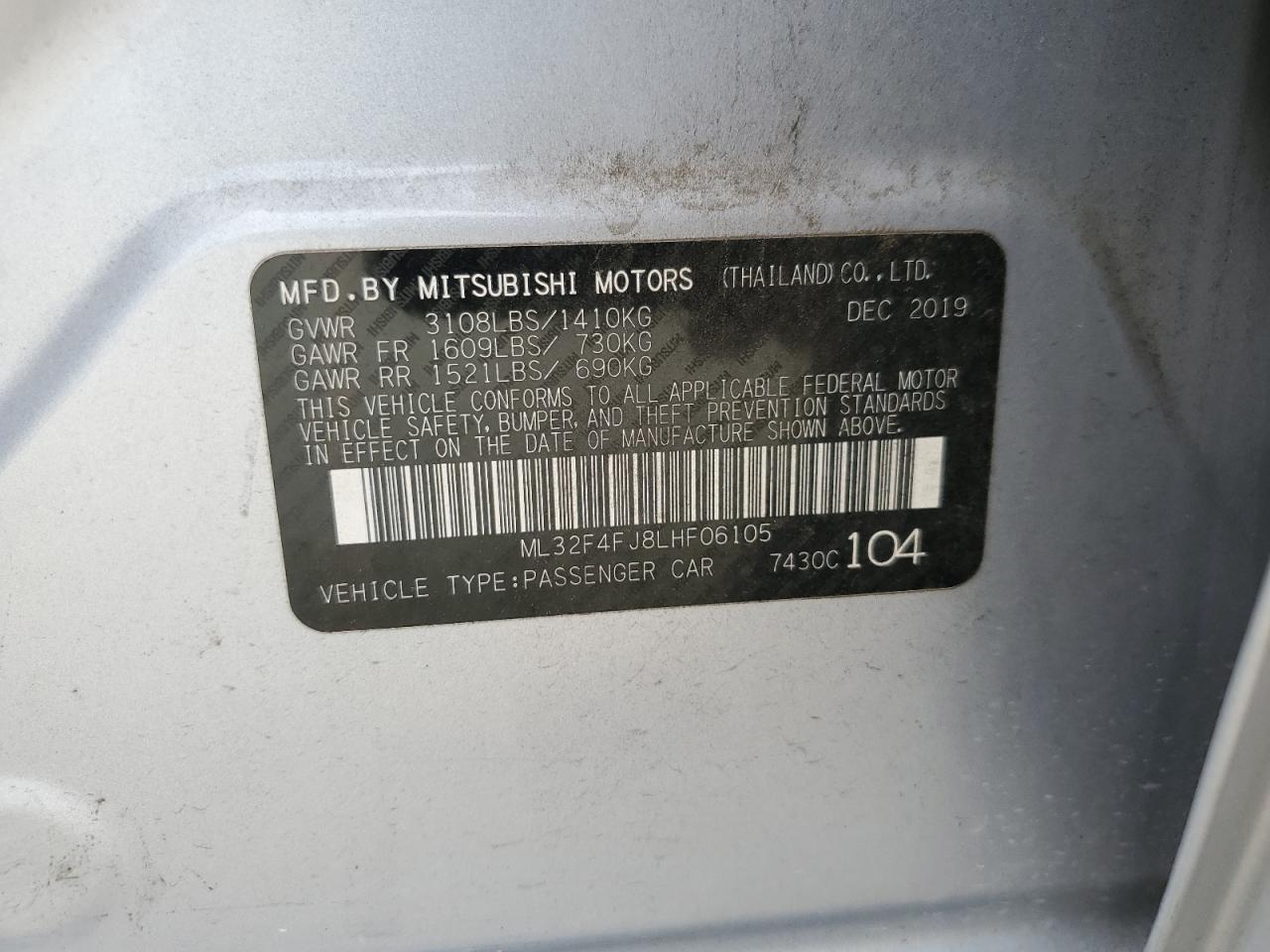 2020 Mitsubishi Mirage G4 Se VIN: ML32F4FJ8LHF06105 Lot: 72282994