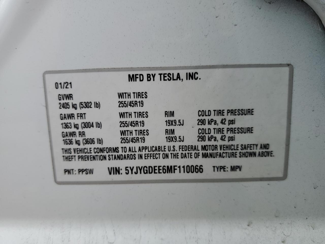 5YJYGDEE6MF110066 2021 Tesla Model Y