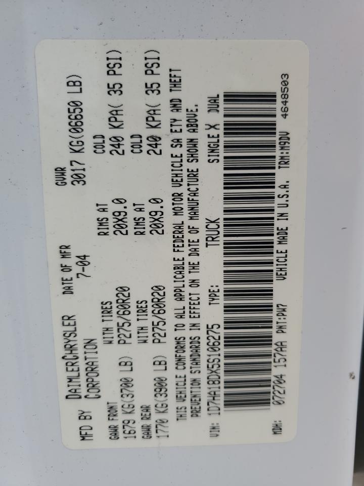 2005 Dodge Ram 1500 St VIN: 1D7HA18DX5S106275 Lot: 73380264