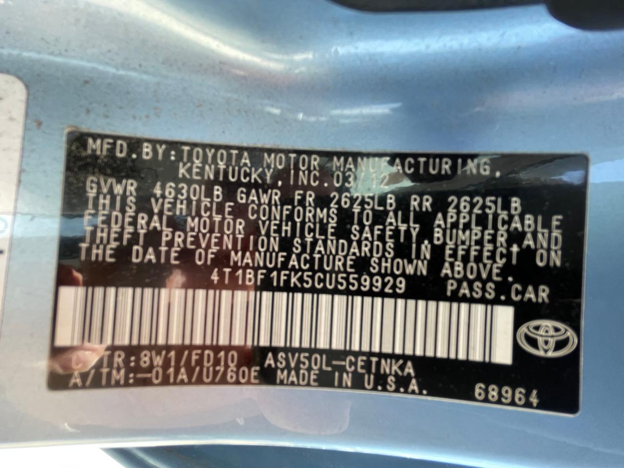 4T1BF1FK5CU559929 2012 Toyota Camry Base