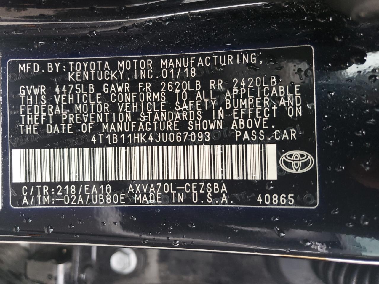 4T1B11HK4JU067093 2018 Toyota Camry L