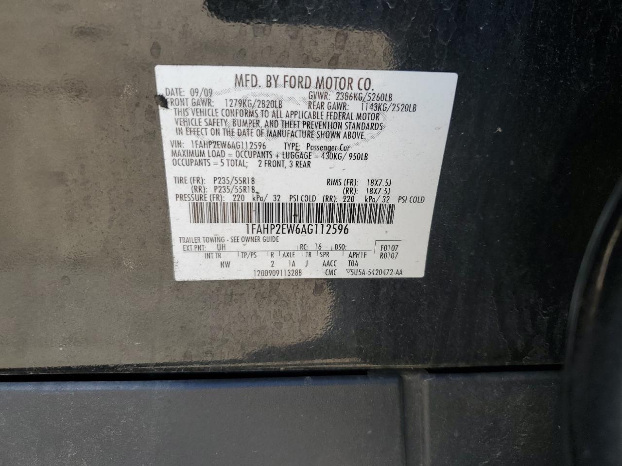 1FAHP2EW6AG112596 2010 Ford Taurus Sel