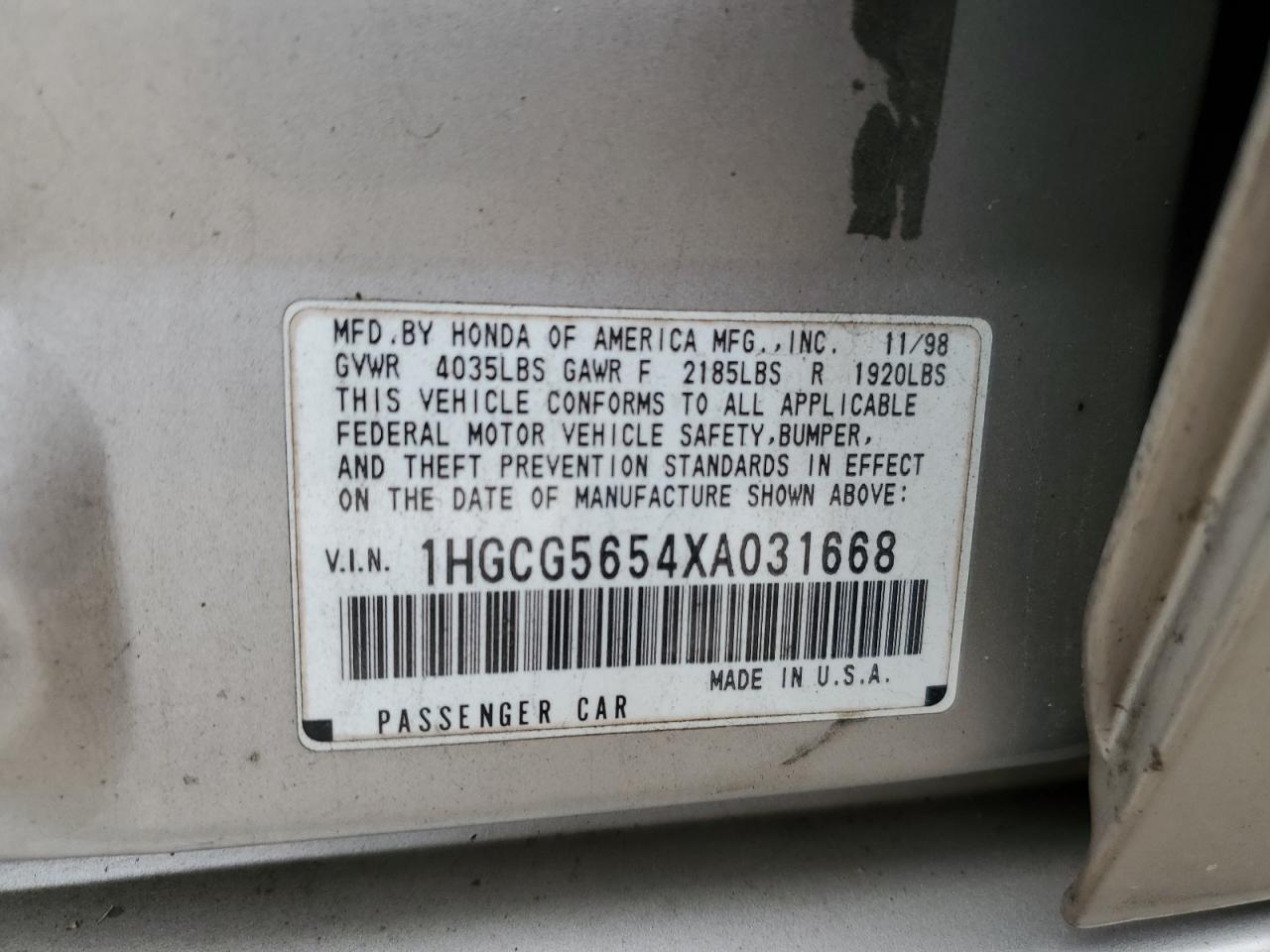 1999 Honda Accord Ex VIN: 1HGCG5654XA031668 Lot: 72836694