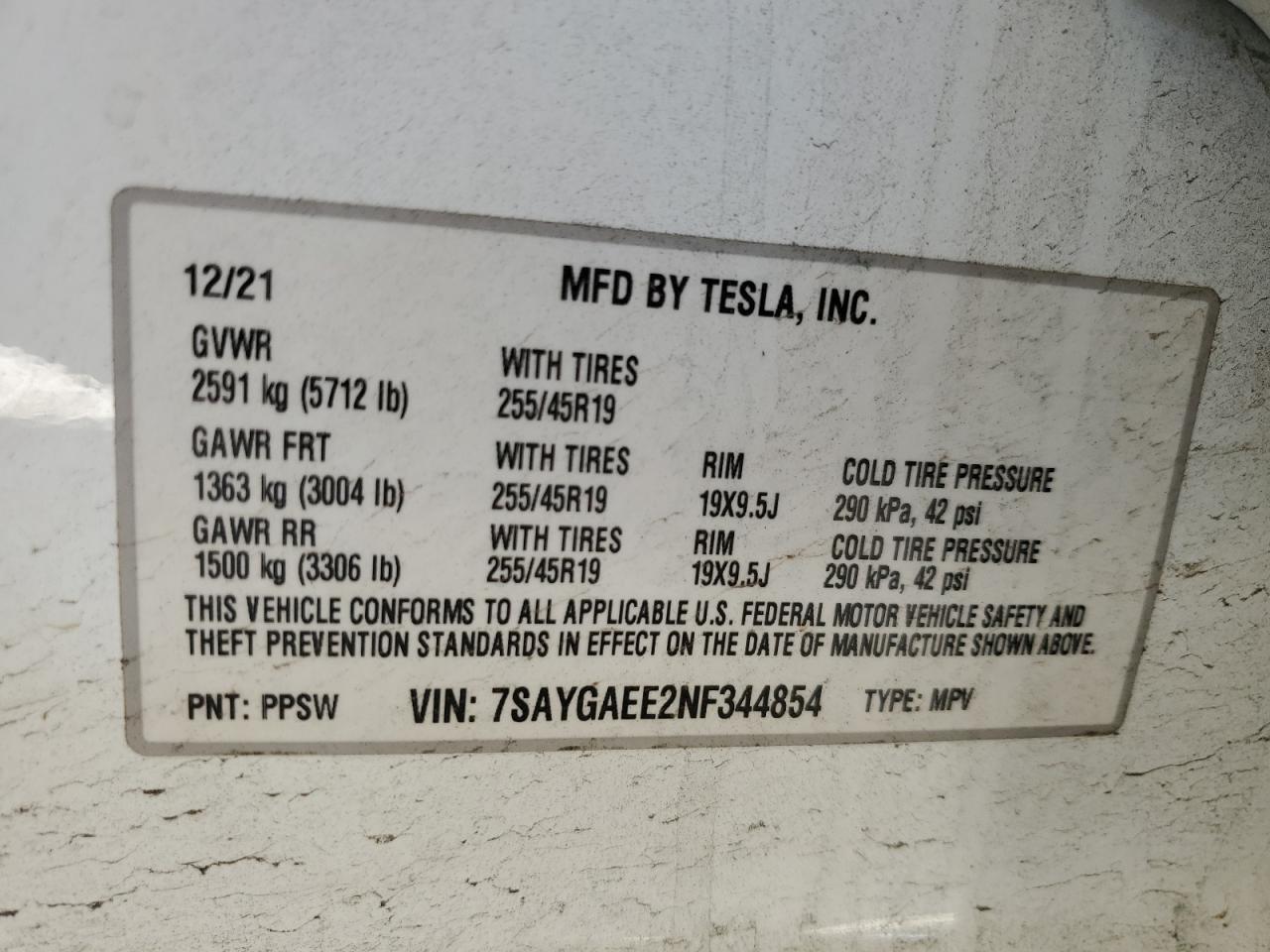 7SAYGAEE2NF344854 2022 Tesla Model Y