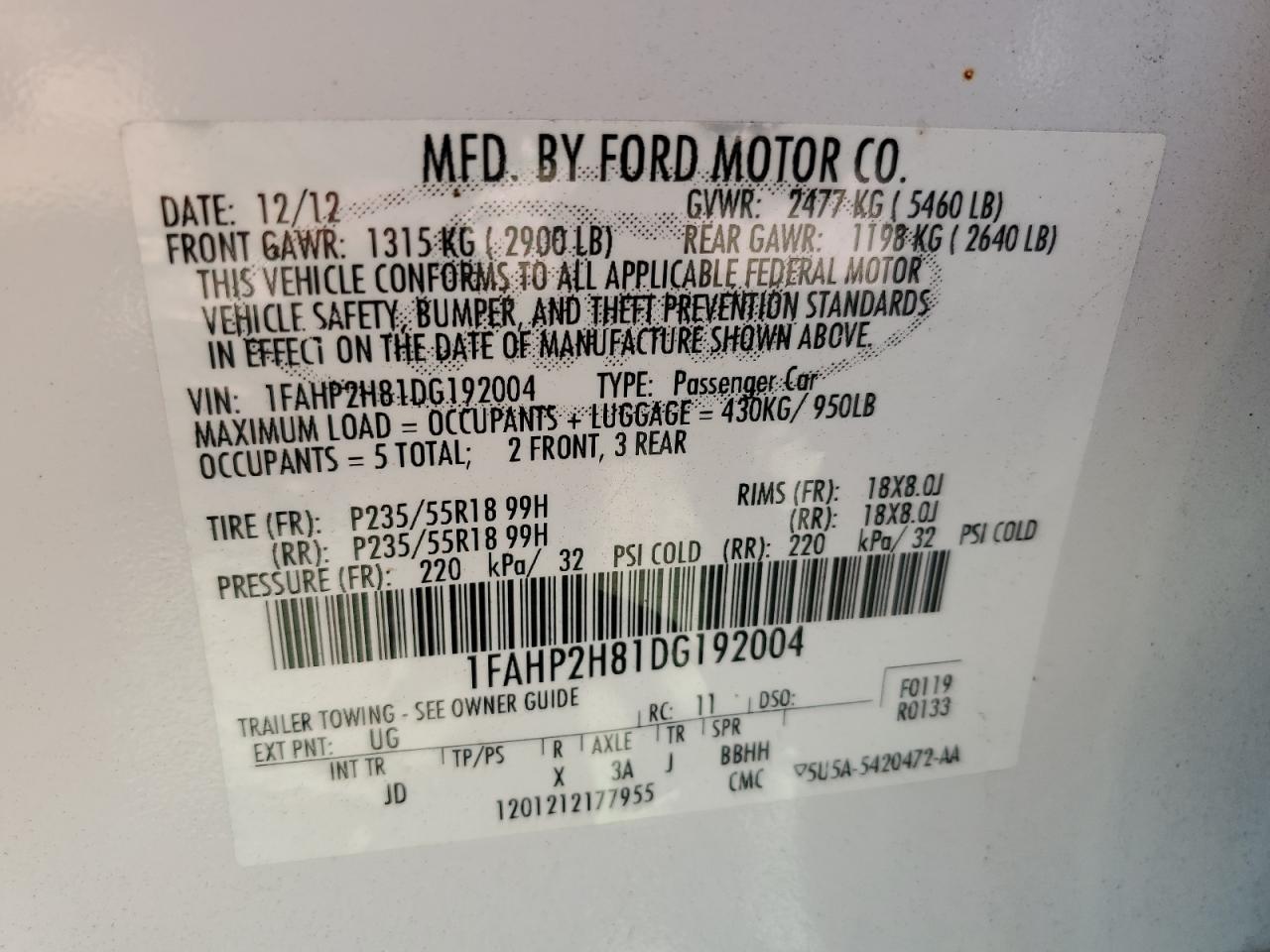 2013 Ford Taurus Sel VIN: 1FAHP2H81DG192004 Lot: 71166544