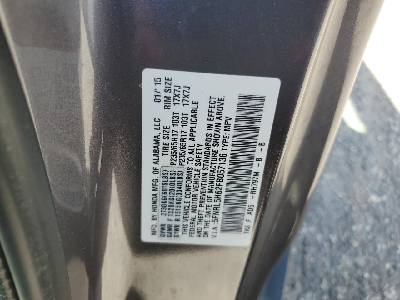 5FNRL5H62FB057136 2015 Honda Odyssey Exl