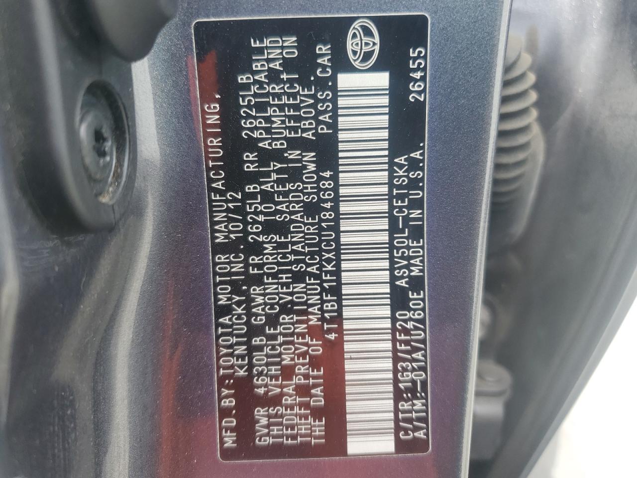 4T1BF1FKXCU184684 2012 Toyota Camry Base