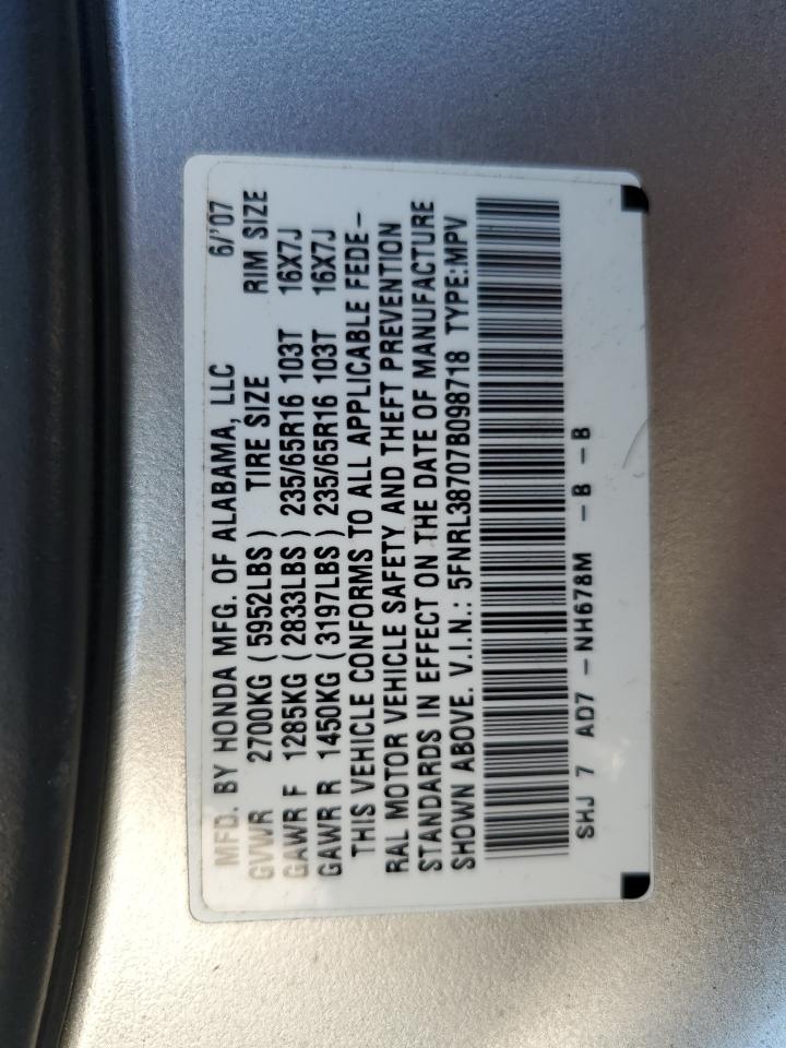 5FNRL38707B098718 2007 Honda Odyssey Exl