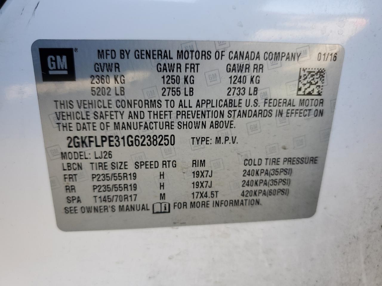 2GKFLPE31G6238250 2016 GMC Terrain Slt