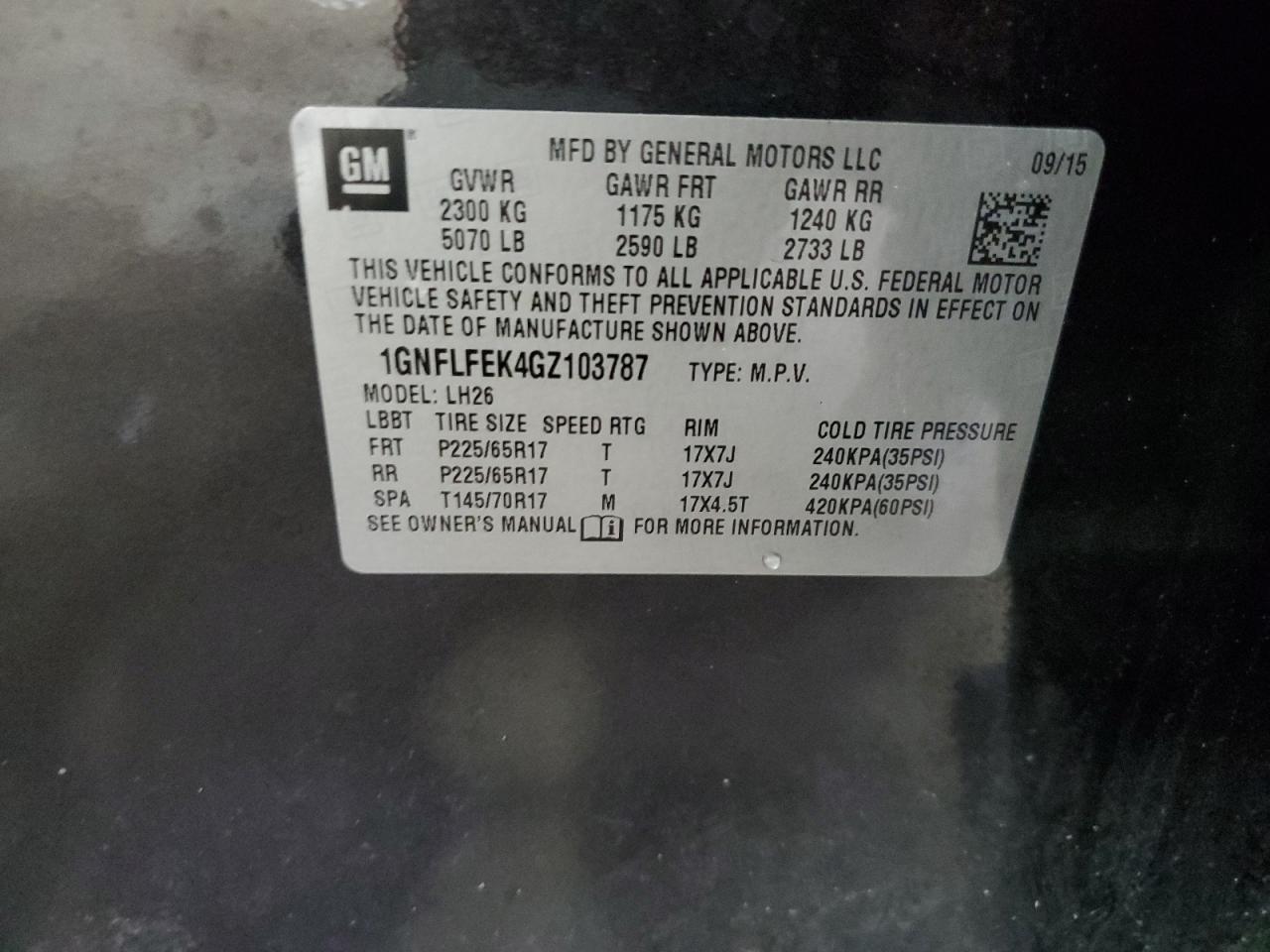 2016 Chevrolet Equinox Lt VIN: 1GNFLFEK4GZ103787 Lot: 67742485