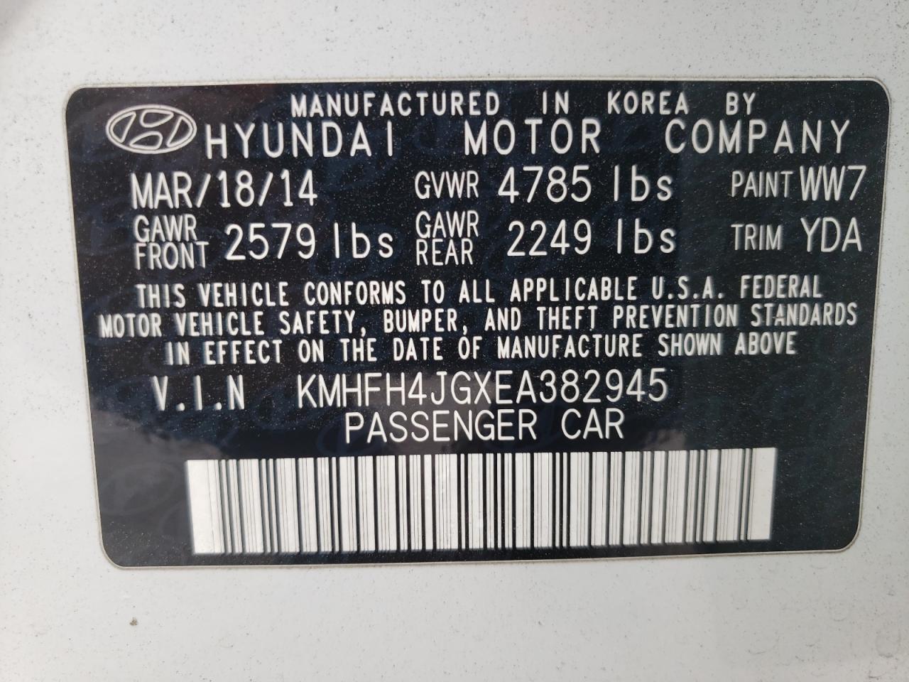 2014 Hyundai Azera Gls VIN: KMHFH4JGXEA382945 Lot: 71667754