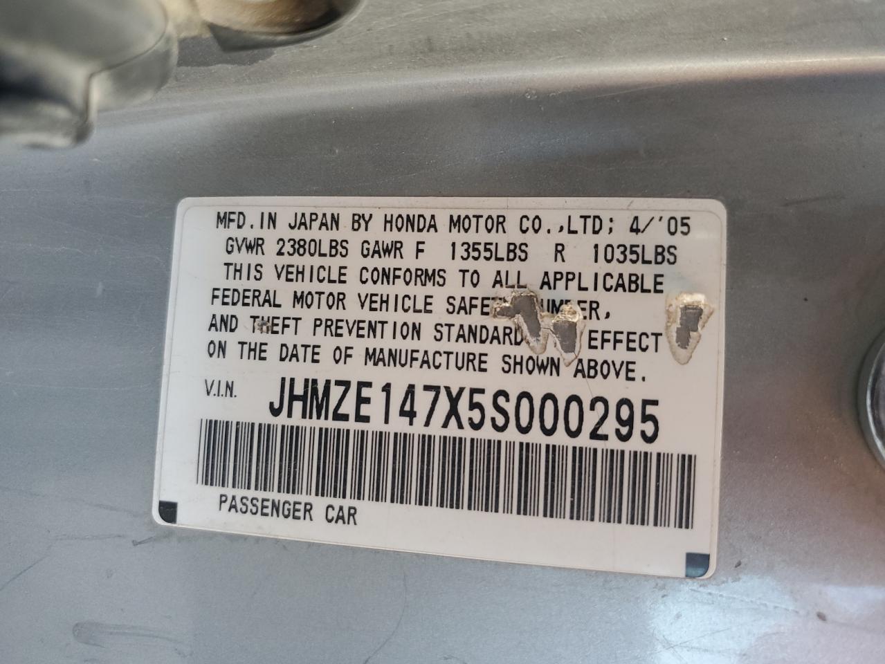 JHMZE147X5S000295 2005 Honda Insight