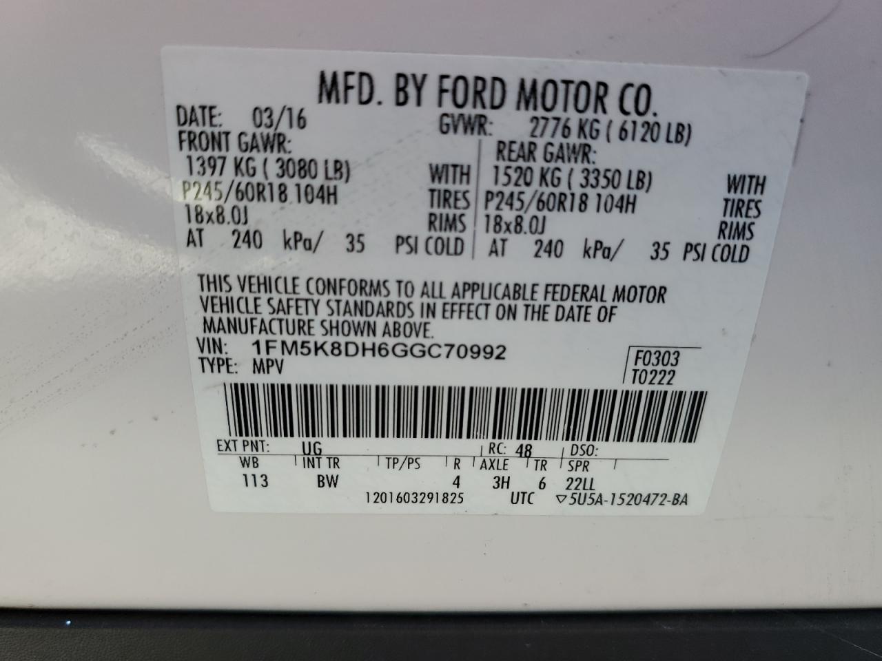 1FM5K8DH6GGC70992 2016 Ford Explorer Xlt