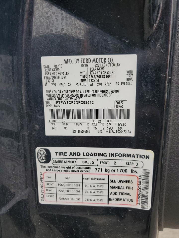 2013 Ford F150 Supercrew VIN: 1FTFW1CF2DFC92512 Lot: 71481474