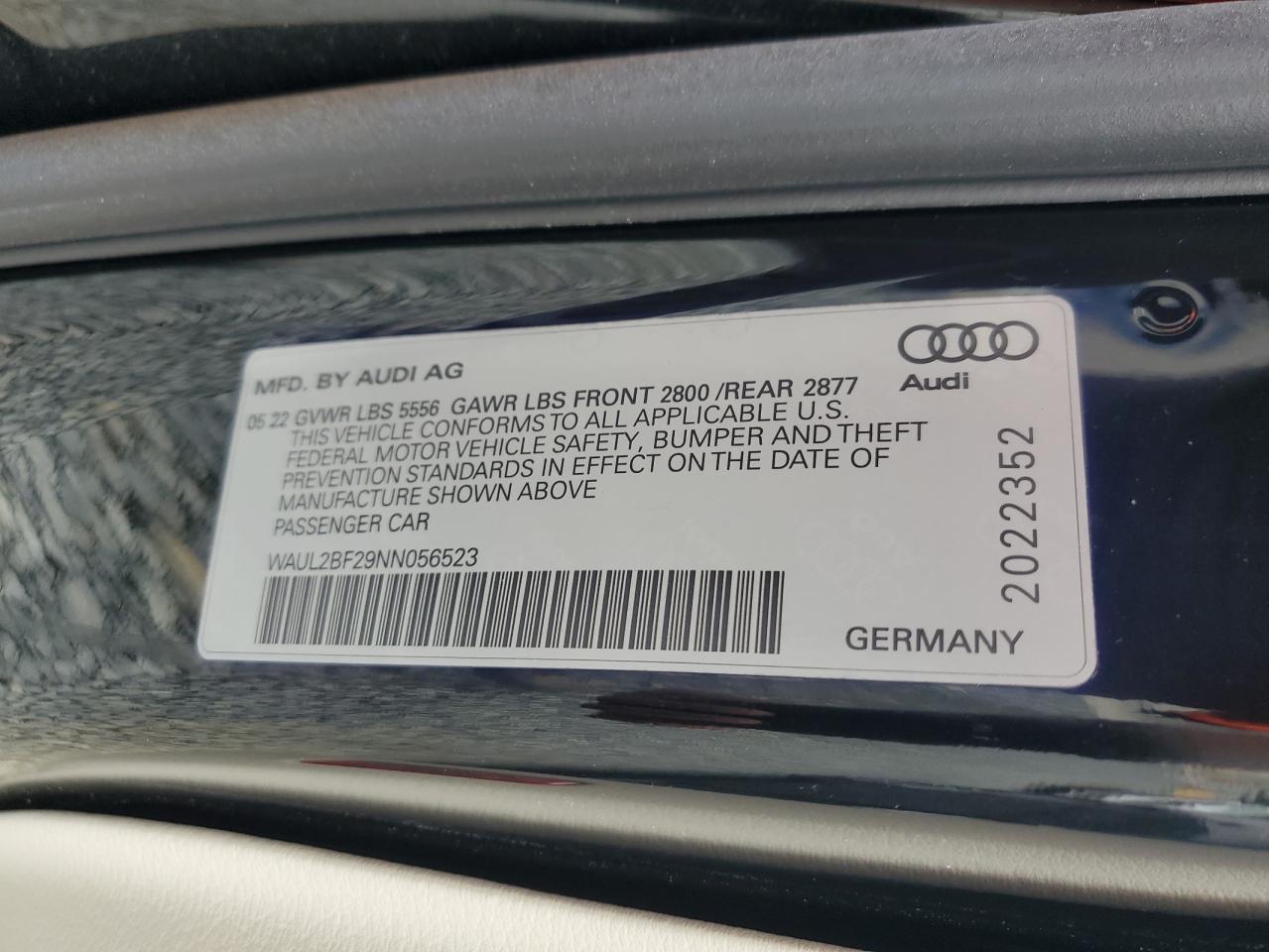 2022 Audi A6 Premium Plus VIN: WAUL2BF29NN056523 Lot: 71918124