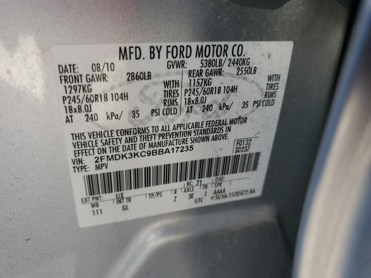 2FMDK3KC9BBA17235 2011 Ford Edge Limited