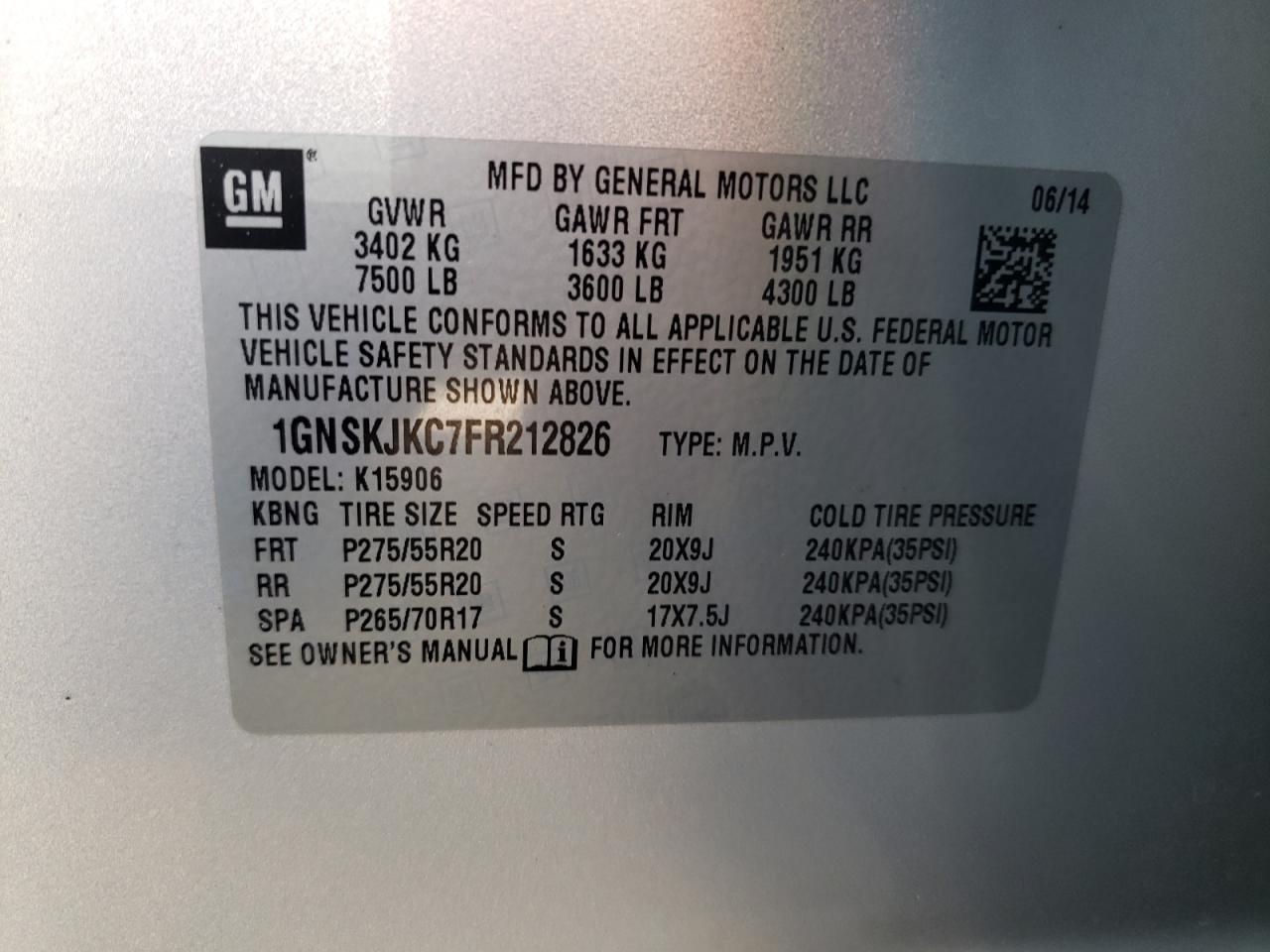 1GNSKJKC7FR212826 2015 Chevrolet Suburban K1500 Lt