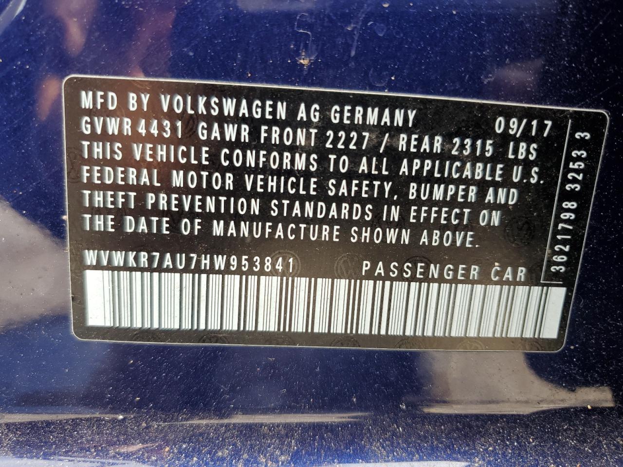 WVWKR7AU7HW953841 2017 Volkswagen E-Golf Se