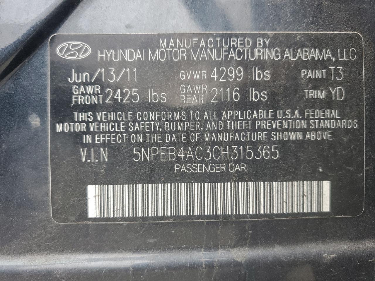 5NPEB4AC3CH315365 2012 Hyundai Sonata Gls