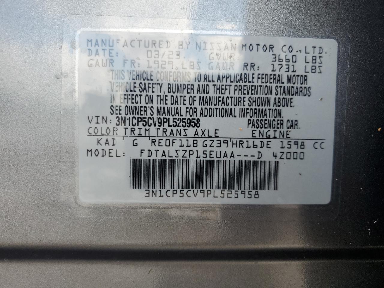 3N1CP5CV9PL525958 2023 Nissan Kicks Sv