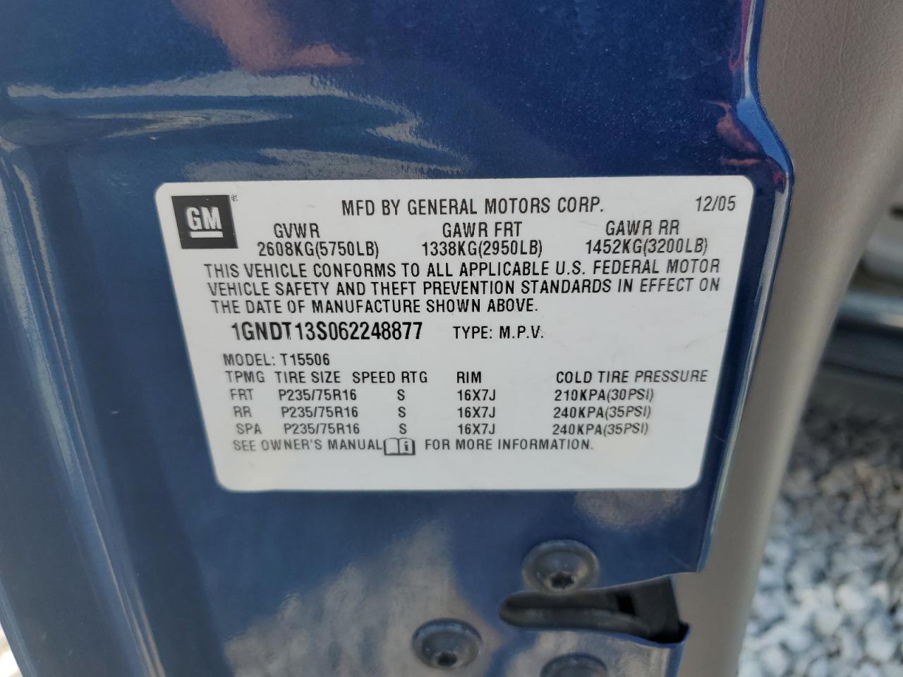 2006 Chevrolet Trailblazer Ls VIN: 1GNDT13S062248877 Lot: 69367535