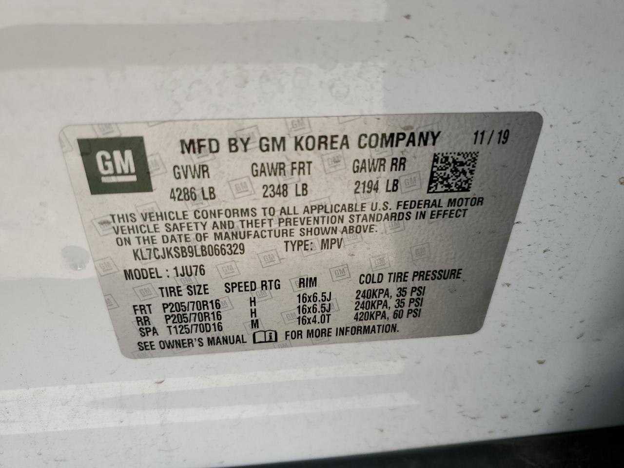 KL7CJKSB9LB066329 2020 Chevrolet Trax Ls