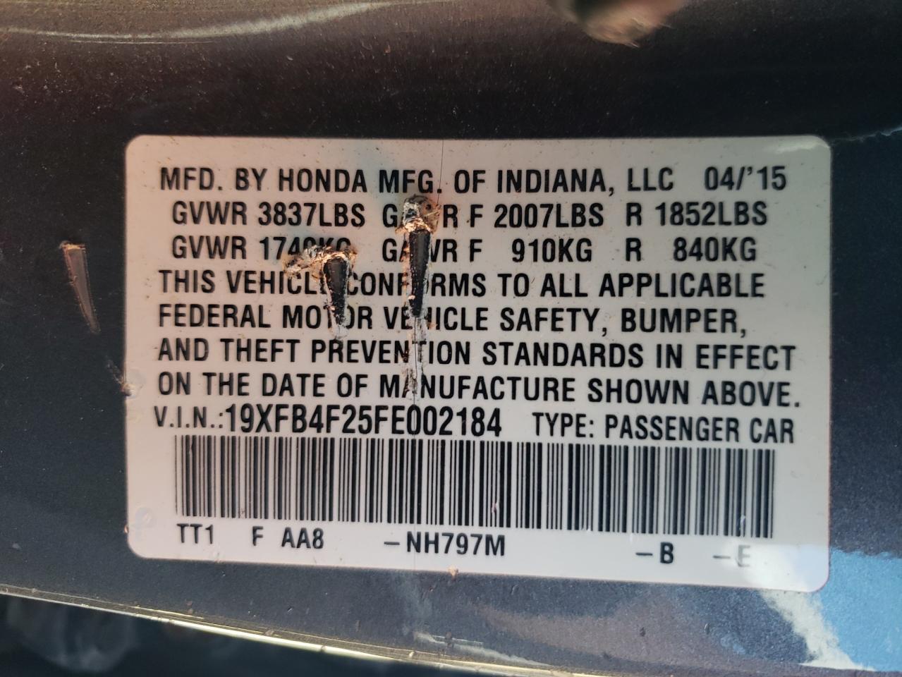 19XFB4F25FE002184 2015 Honda Civic Hybrid