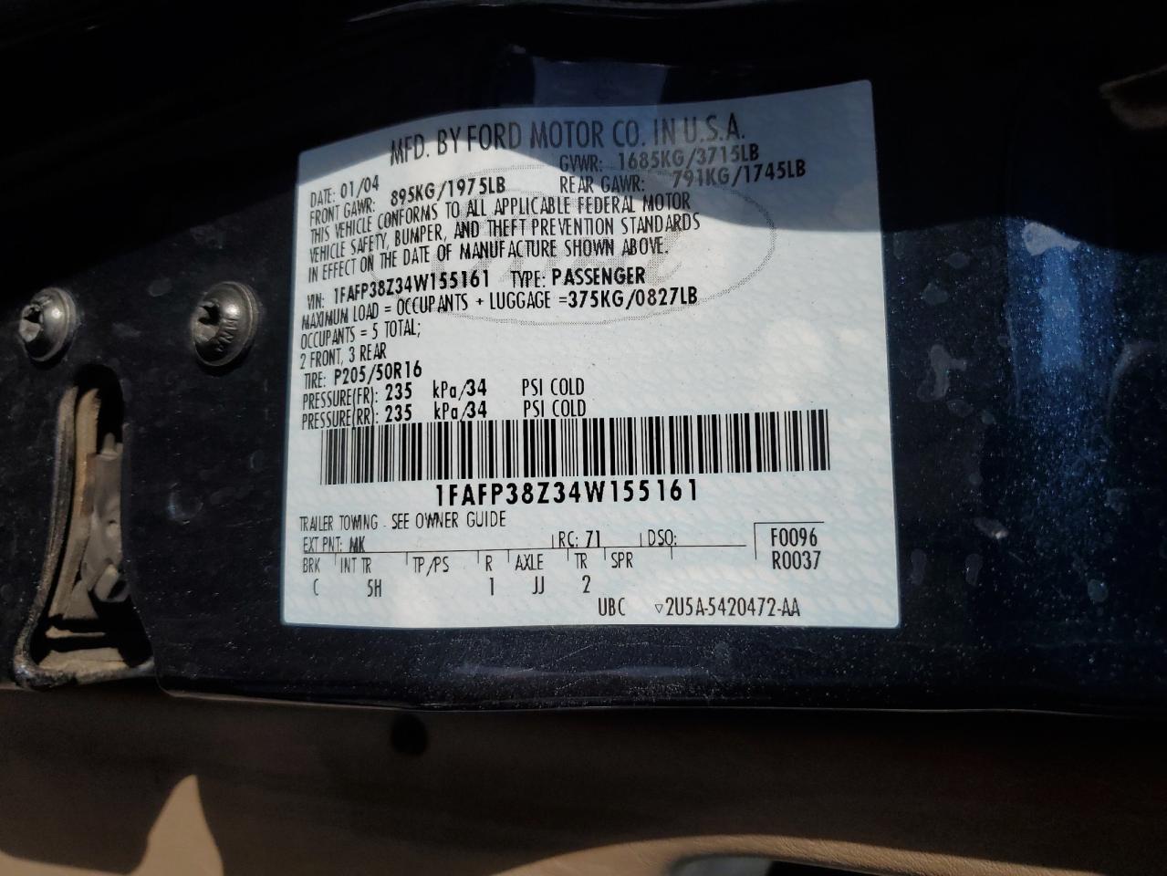 1FAFP38Z34W155161 2004 Ford Focus Zts