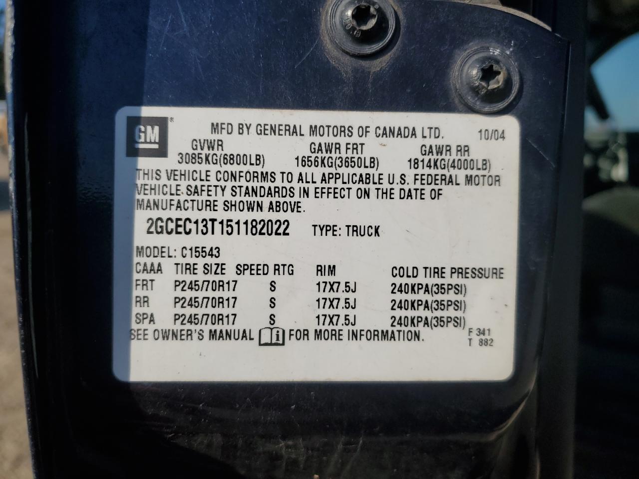 2005 Chevrolet Silverado C1500 VIN: 2GCEC13T151182022 Lot: 72453374