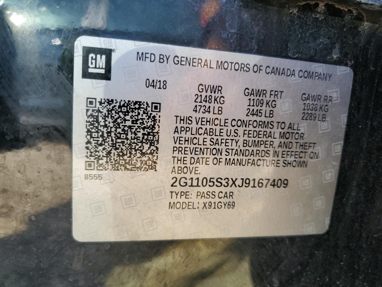 2G1105S3XJ9167409 2018 Chevrolet Impala Lt