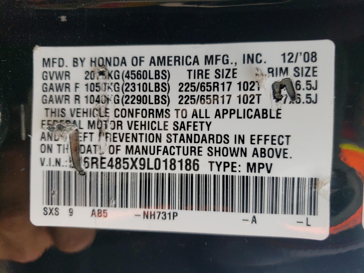 5J6RE485X9L018186 2009 Honda Cr-V Ex