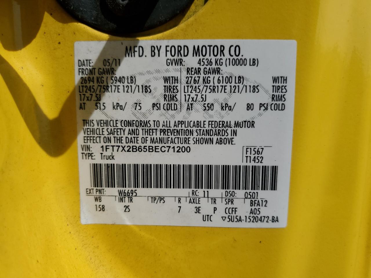 2011 Ford F250 Super Duty VIN: 1FT7X2B65BEC71200 Lot: 71595264