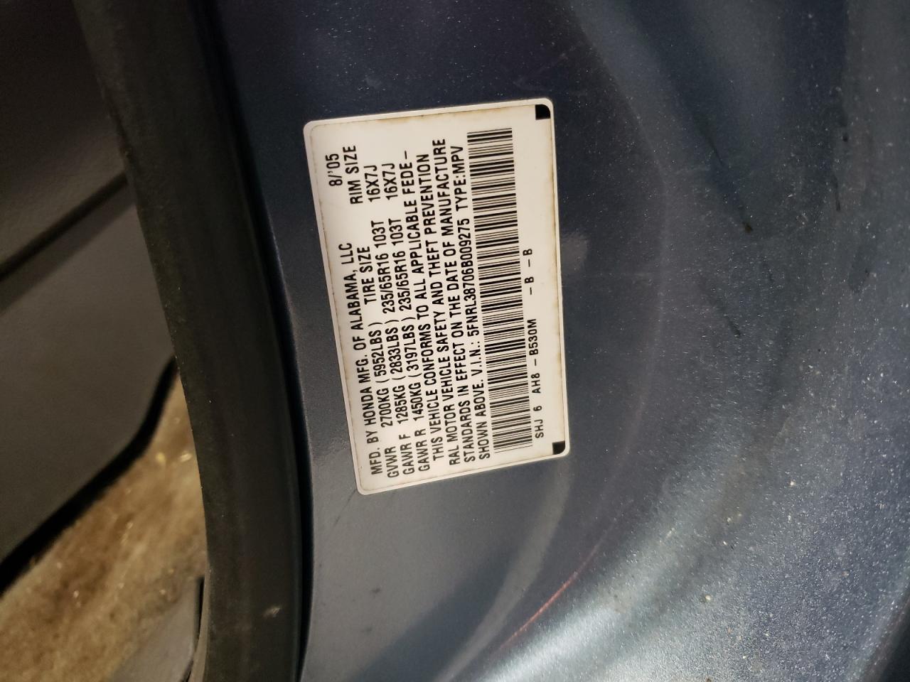 5FNRL38706B009275 2006 Honda Odyssey Exl