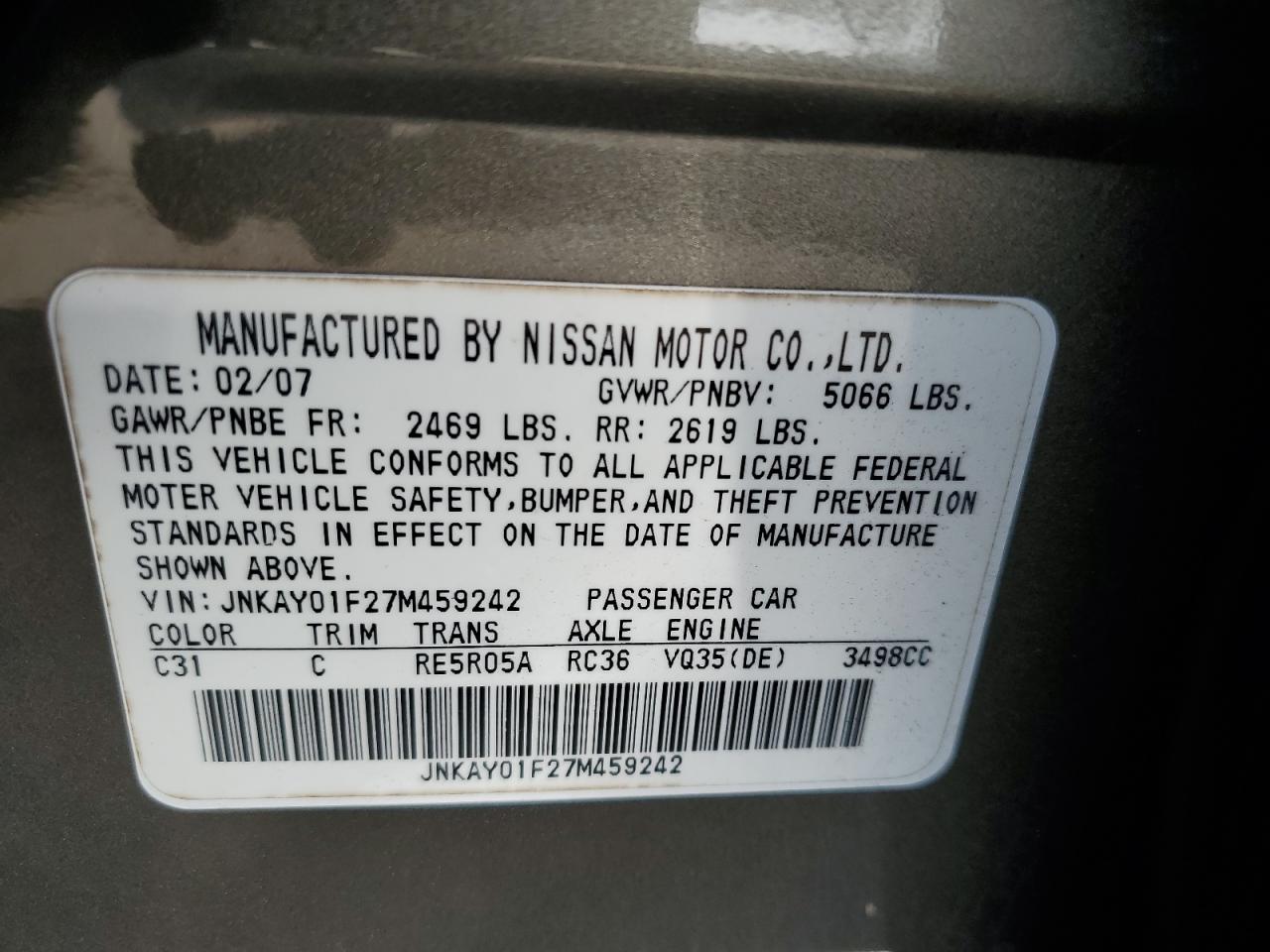 JNKAY01F27M459242 2007 Infiniti M35 Base