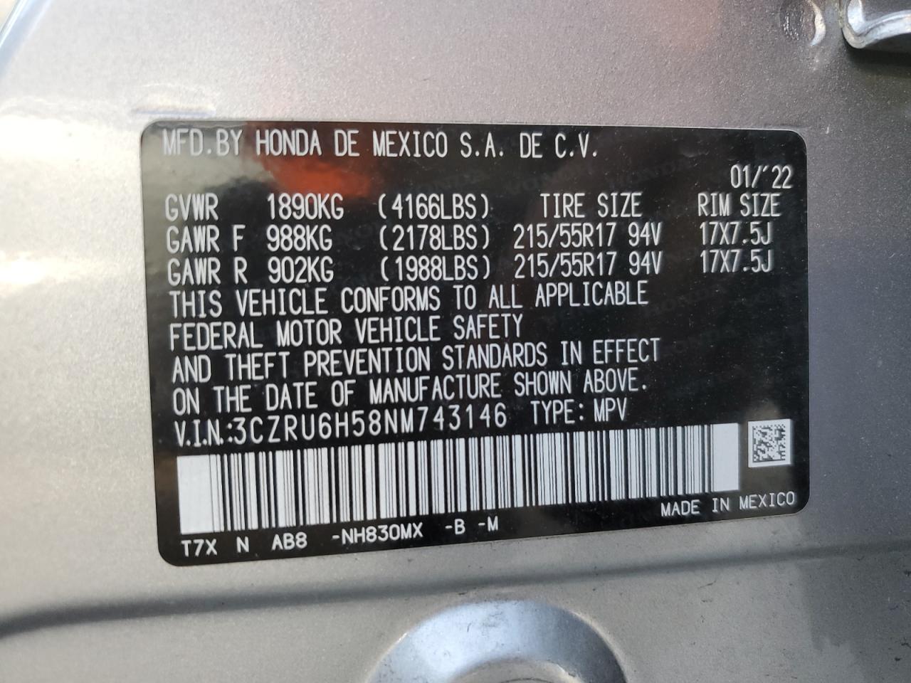 3CZRU6H58NM743146 2022 Honda Hr-V Ex