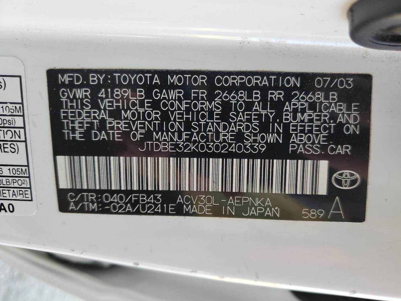 JTDBE32K030240339 2003 Toyota Camry Le